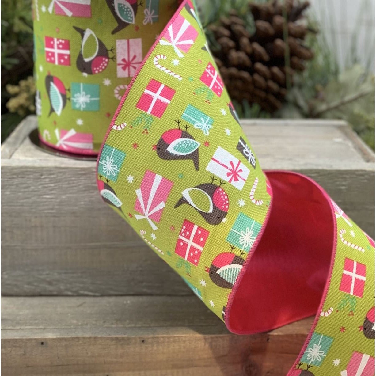 4&#x22; Faux Linen Bird Ribbon: Hot Pink &#x26; Green (10 Yards)