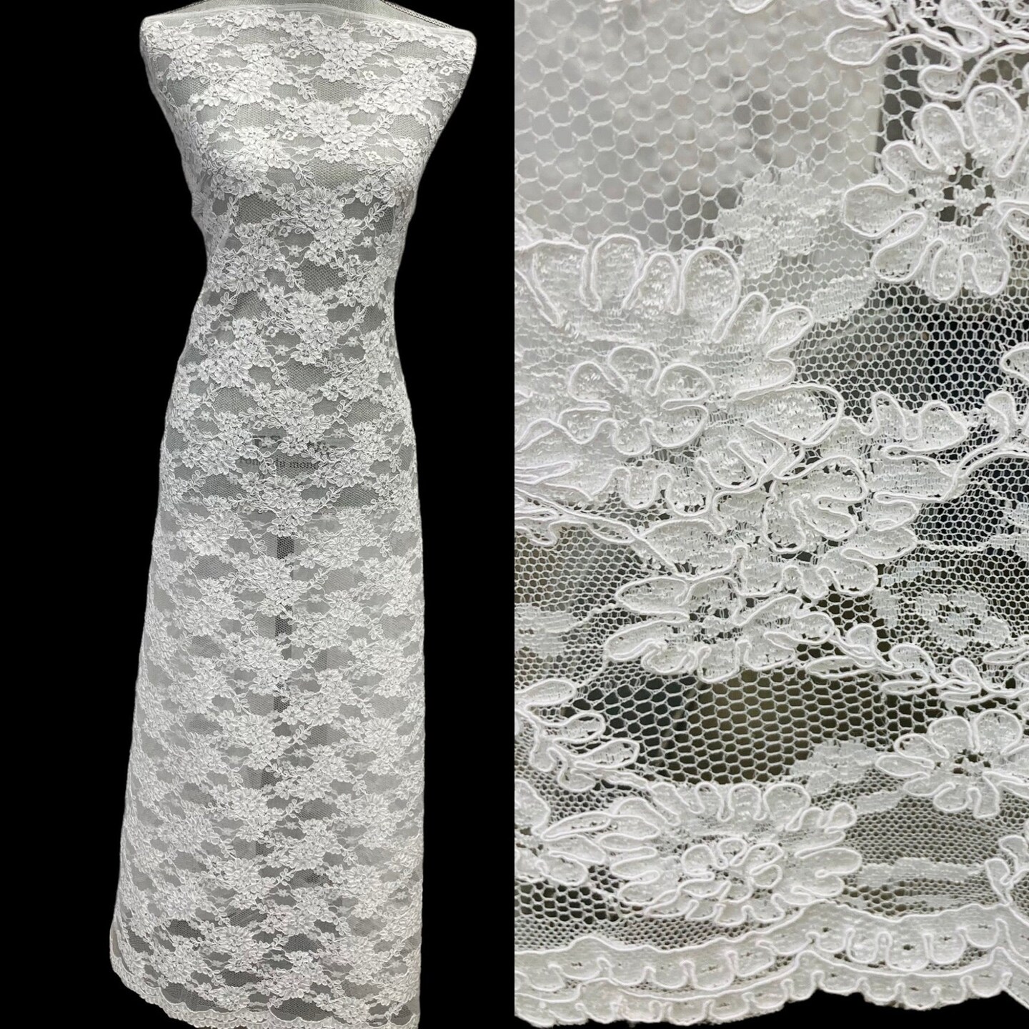 1 Yard Corded Bridal Lace Fabric Embroidered on Net Mesh 54&#x22; Width