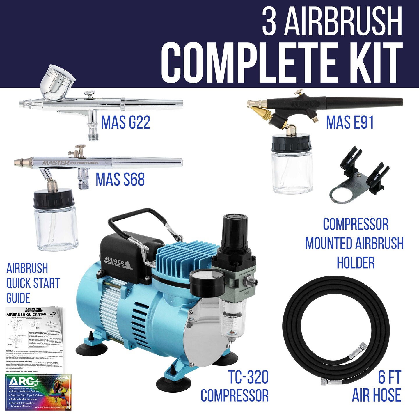 Cool Runner II Dual Fan Air Compressor Airbrushing System with 3 Airbrush Sets, 0.3 mm Gravity &#x26; 0.35, 0.8mm Siphon Feed - Hose, How To Airbrush Guide