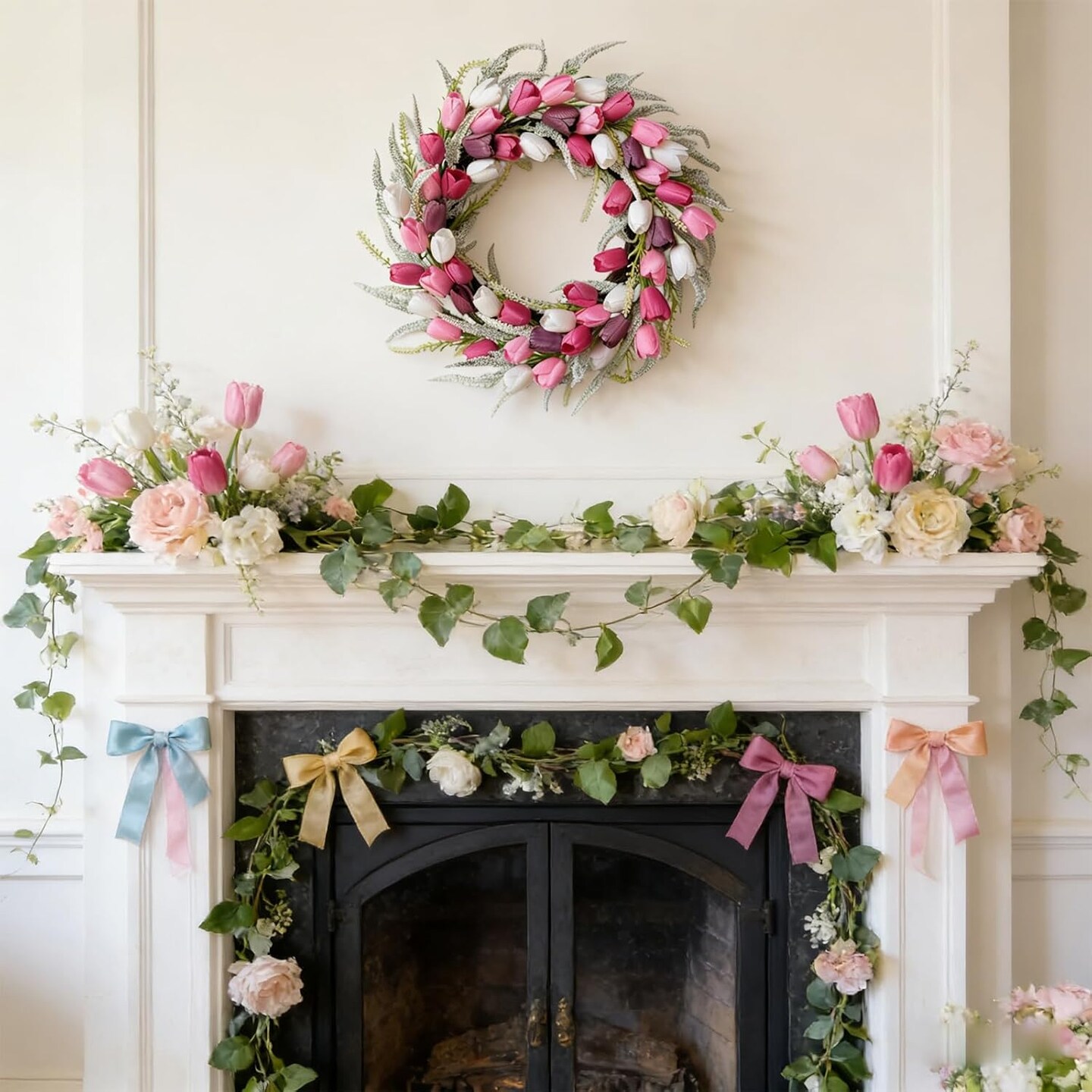 20-Inch Tulip Wreath for Front Door – Pink, White & Purple Artificial Spring & Summer Wreath for Valentine’s Day, Weddings, Window, Wall & Festival Décor