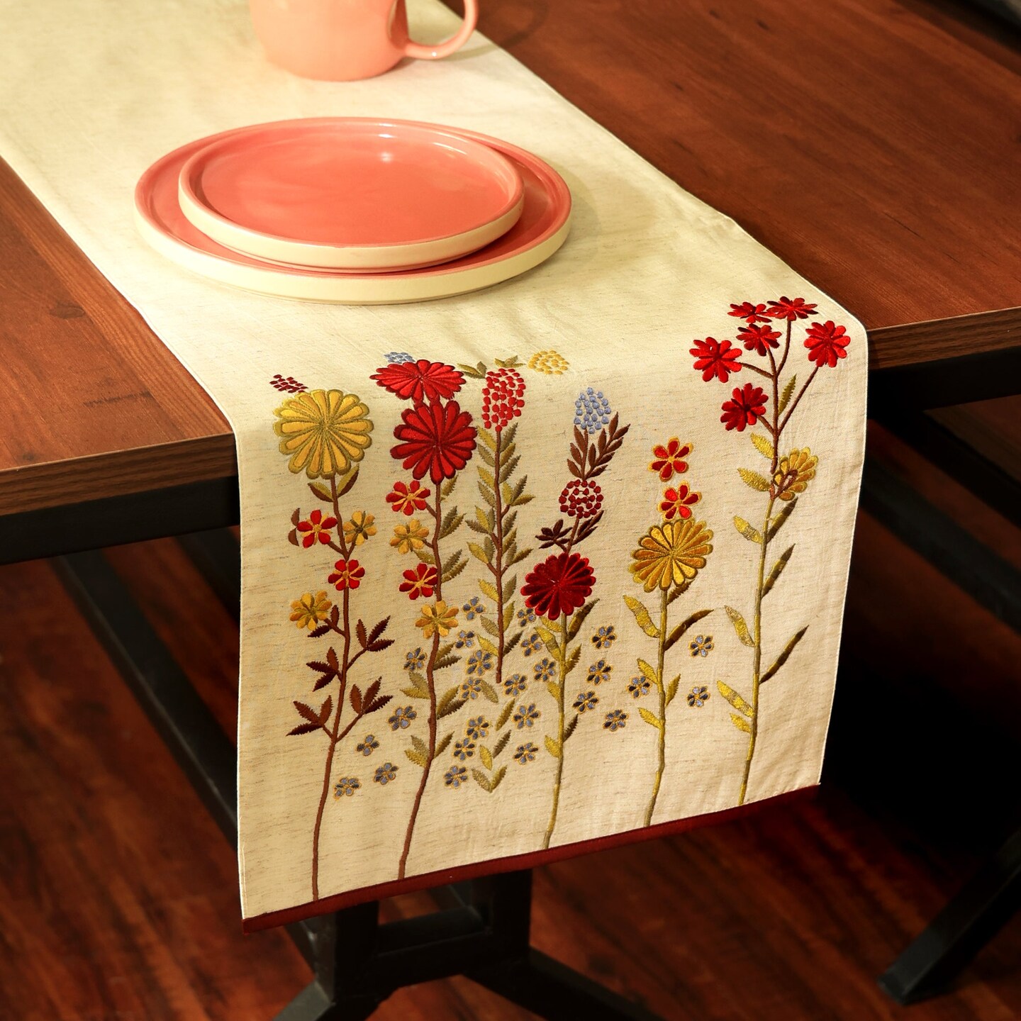 Handcrafted Slub Cotton Table Runner with Embroidery - 72”