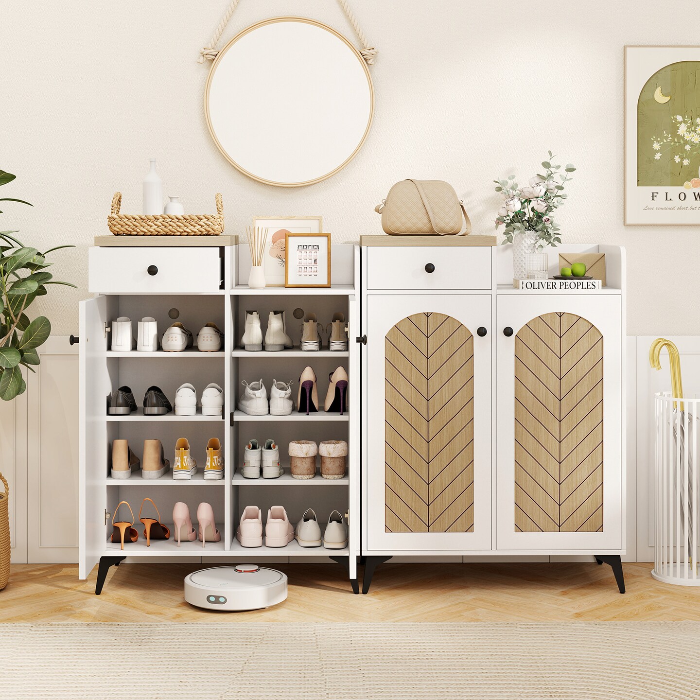 White Wooden 2-Door Shoe Rack Cabinet with 6 Removable Shelves and Side Drawer