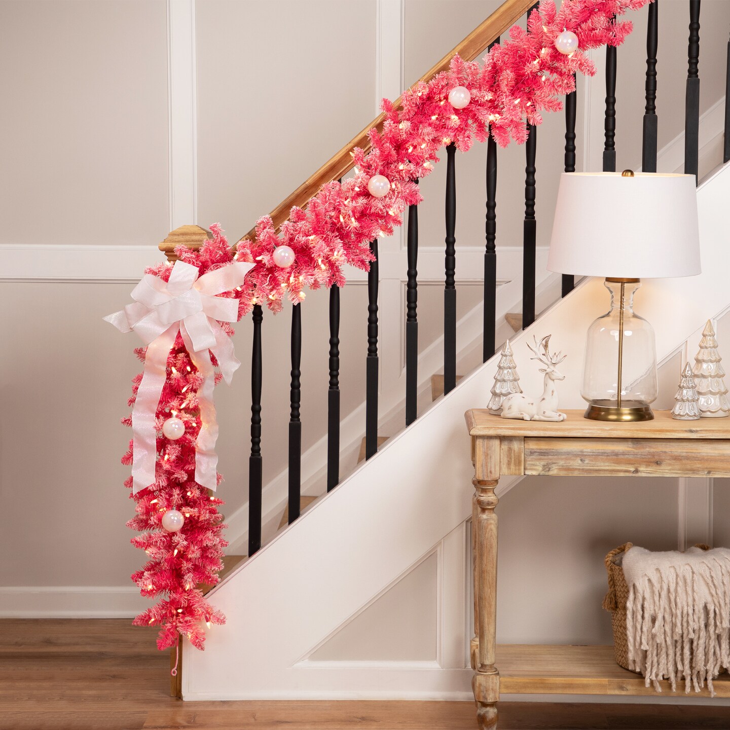 Northlight Pre-lit Flocked Artificial Christmas Garland - 9' x 12" - Pink - Clear Lights