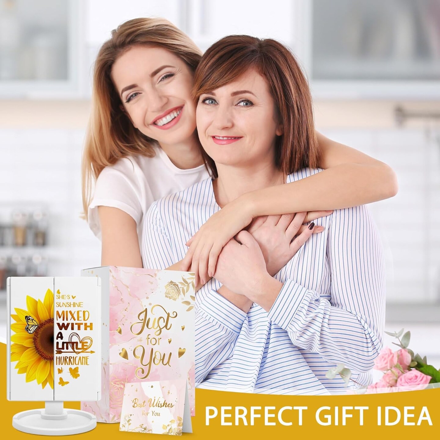 Sunflower Gifts for Women, Mothers Day Sunflower Gifts for Girl Lover, Yellow Makeup Mirror with Lights, Yellow Flower Butterfly Decor