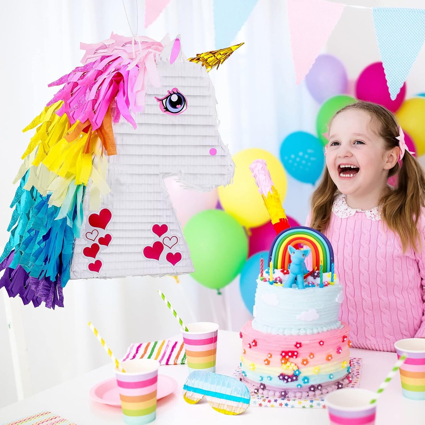 Unicorn Rainbow Piñata for Girls Birthday Party Supplies Small Piñata Set Includes Mask Bat and Confetti Bag for Kids Unicorn Theme Birthday Game Party Decorations, 16 x 10.6 x 3 Inches