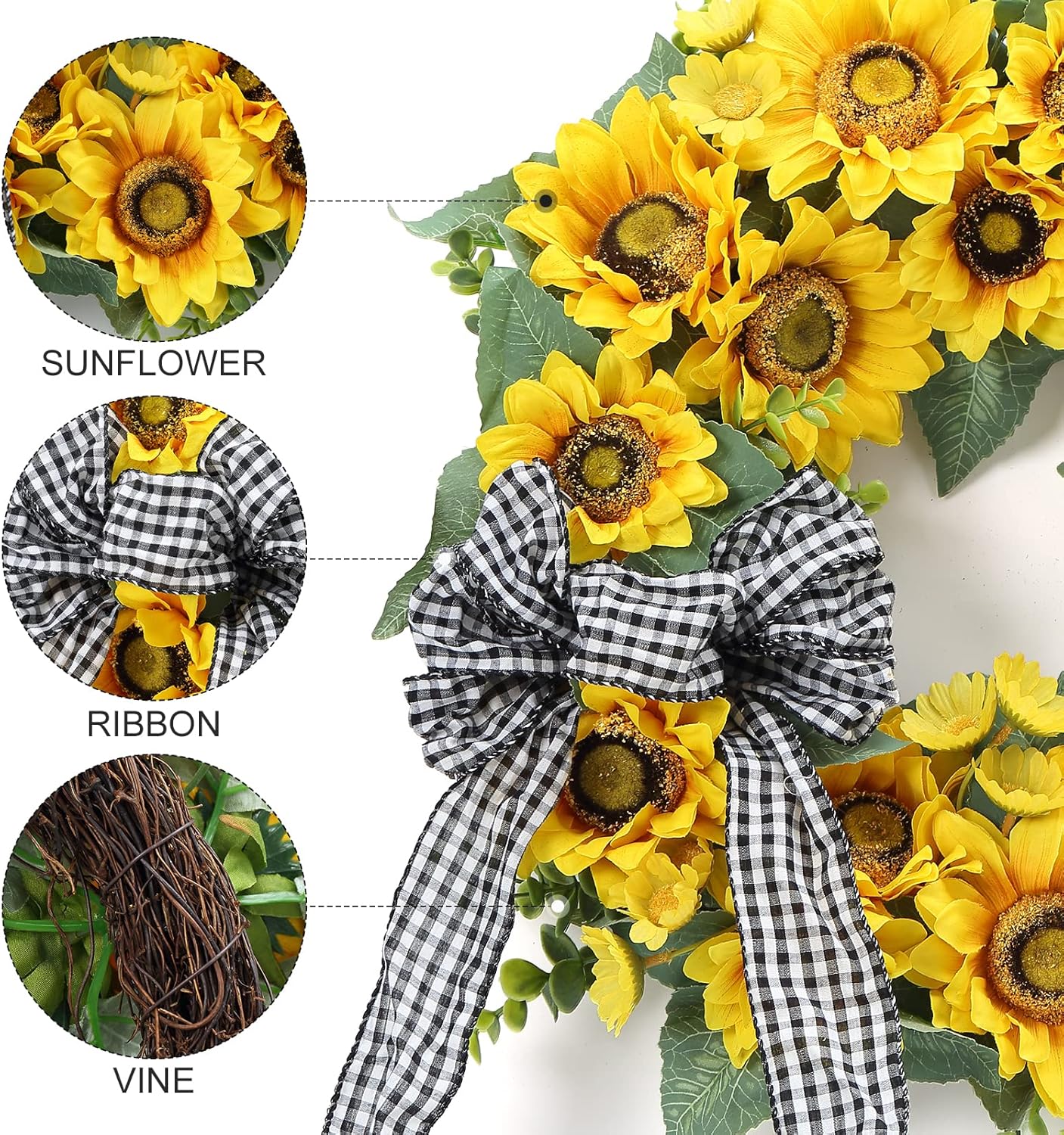 18&#x22; Artificial Sunflower Wreath for Front Door &#x2013; Summer Farmhouse Wreath with Ribbon and Sunflowers for Porch, Window, or Home Decor