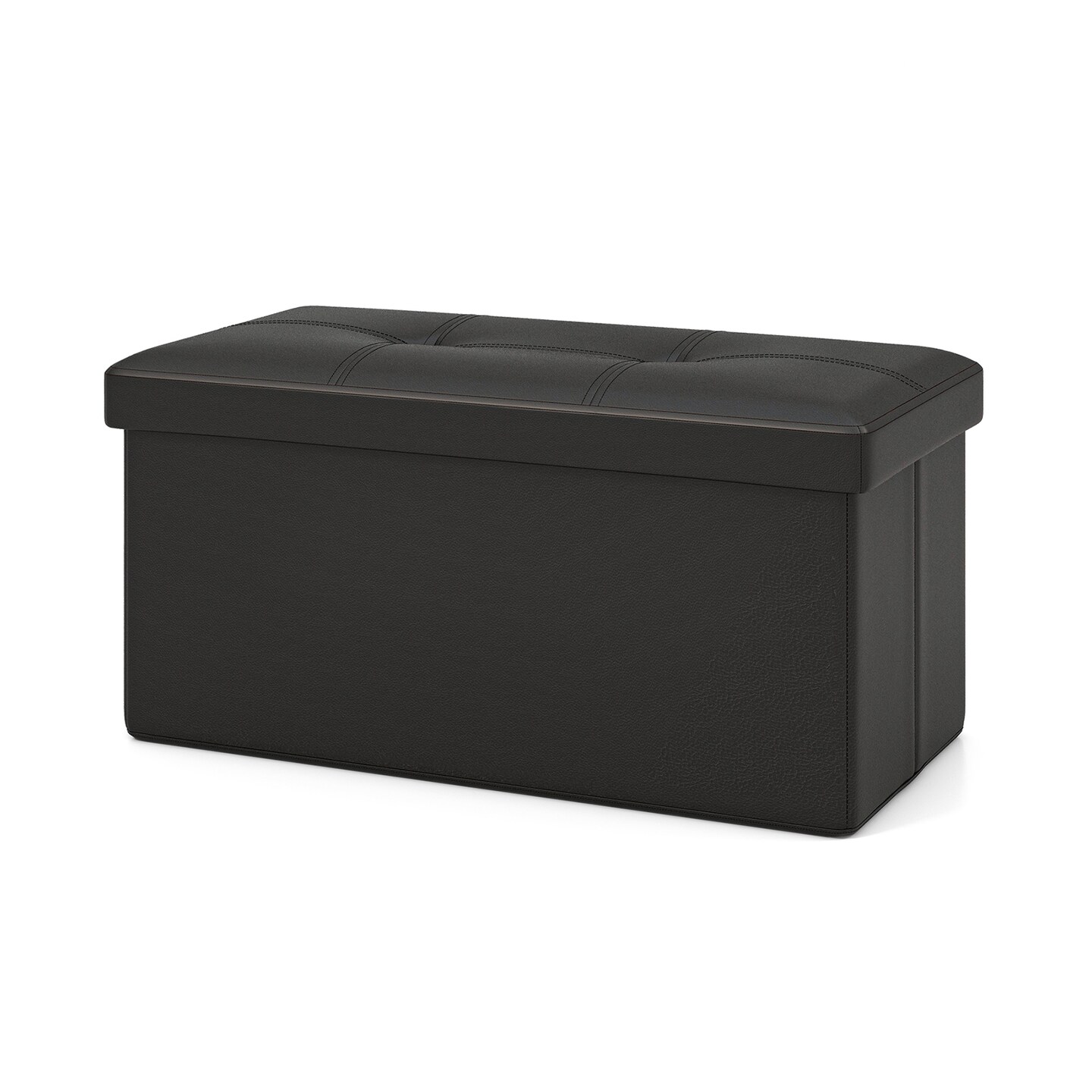 Black Rectangle Foldable Upholstered Storage Footstool with PVC Leather Surface and Cushioned Seat