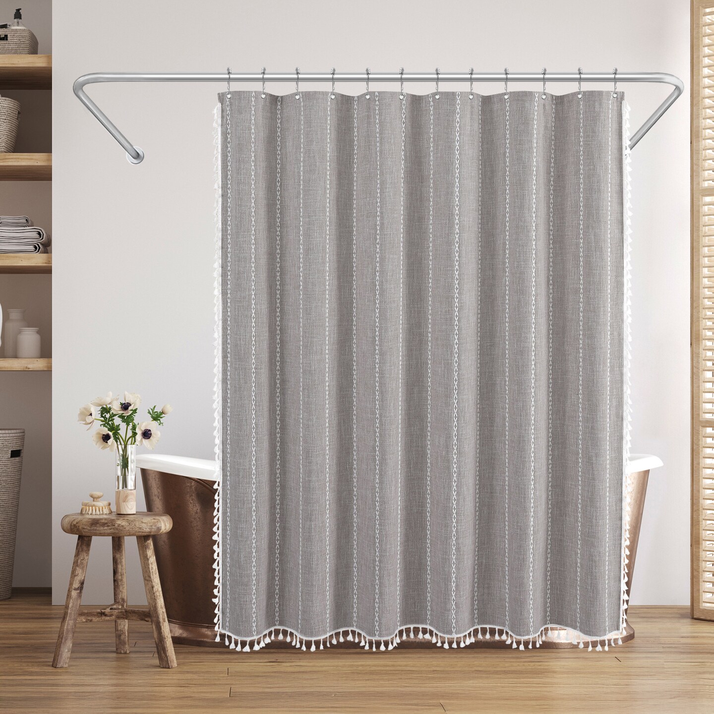 Americanflat 71x71 Woven Linen Shower Curtain with Tassel Accents - Includes 12 Grommets and Hooks - 100% Polyester