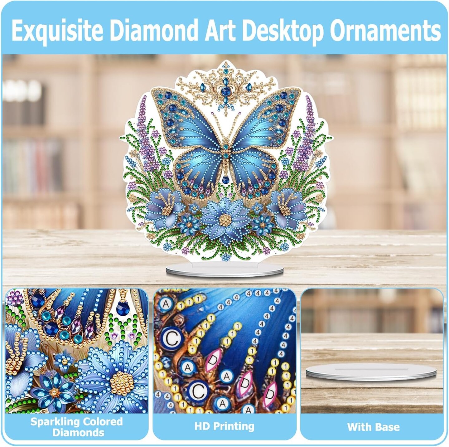 Diamond Painting Kits Tabletop Ornaments, Special Shaped Crystal DIY Blue Floral Butterfly Diamond Art Desktop Kit, Stand Up 5D Gem Painting Crafts for Home Office Table Top Decor