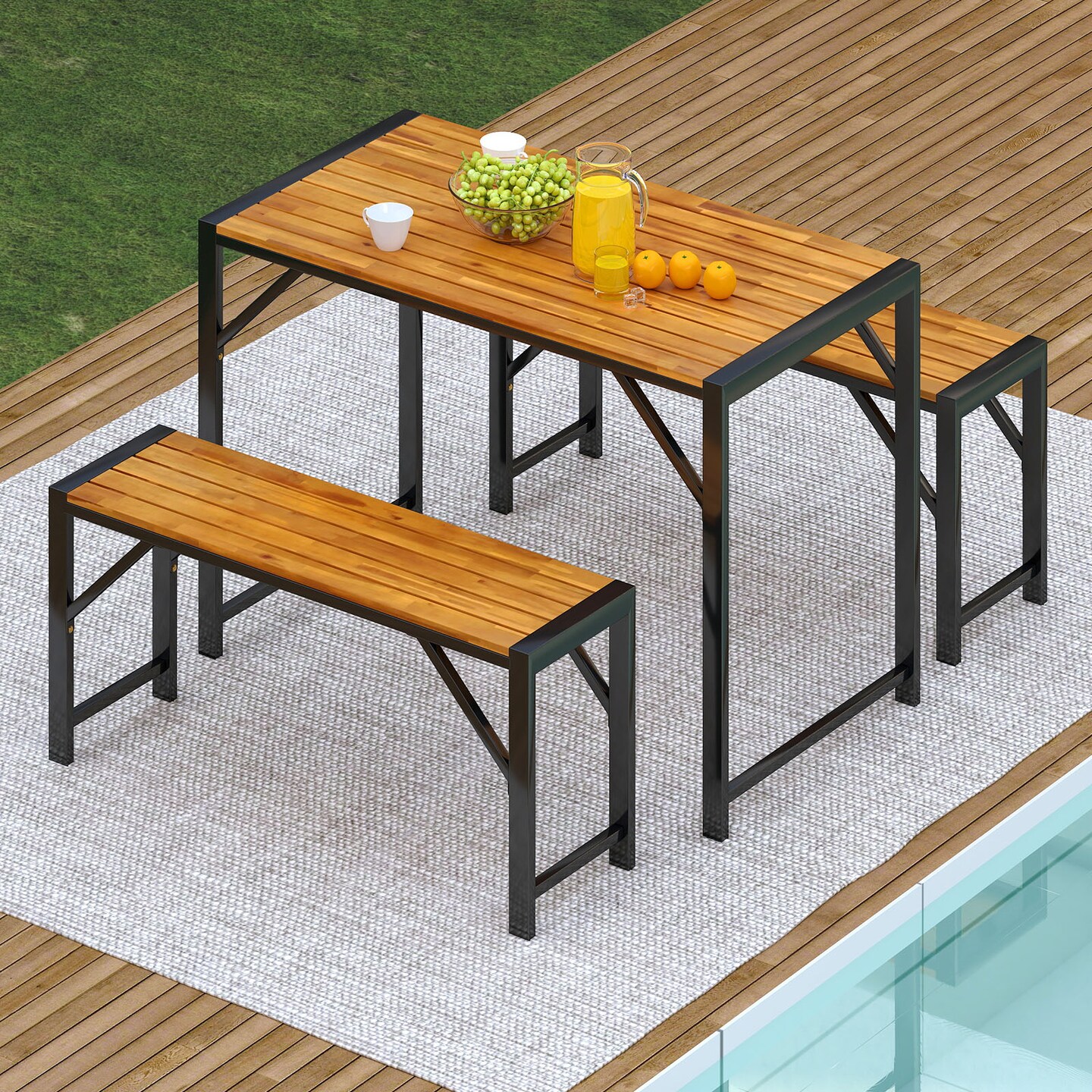 Natural Acacia Wood 3-Piece Dining Set, Metal Frame Table and Benches