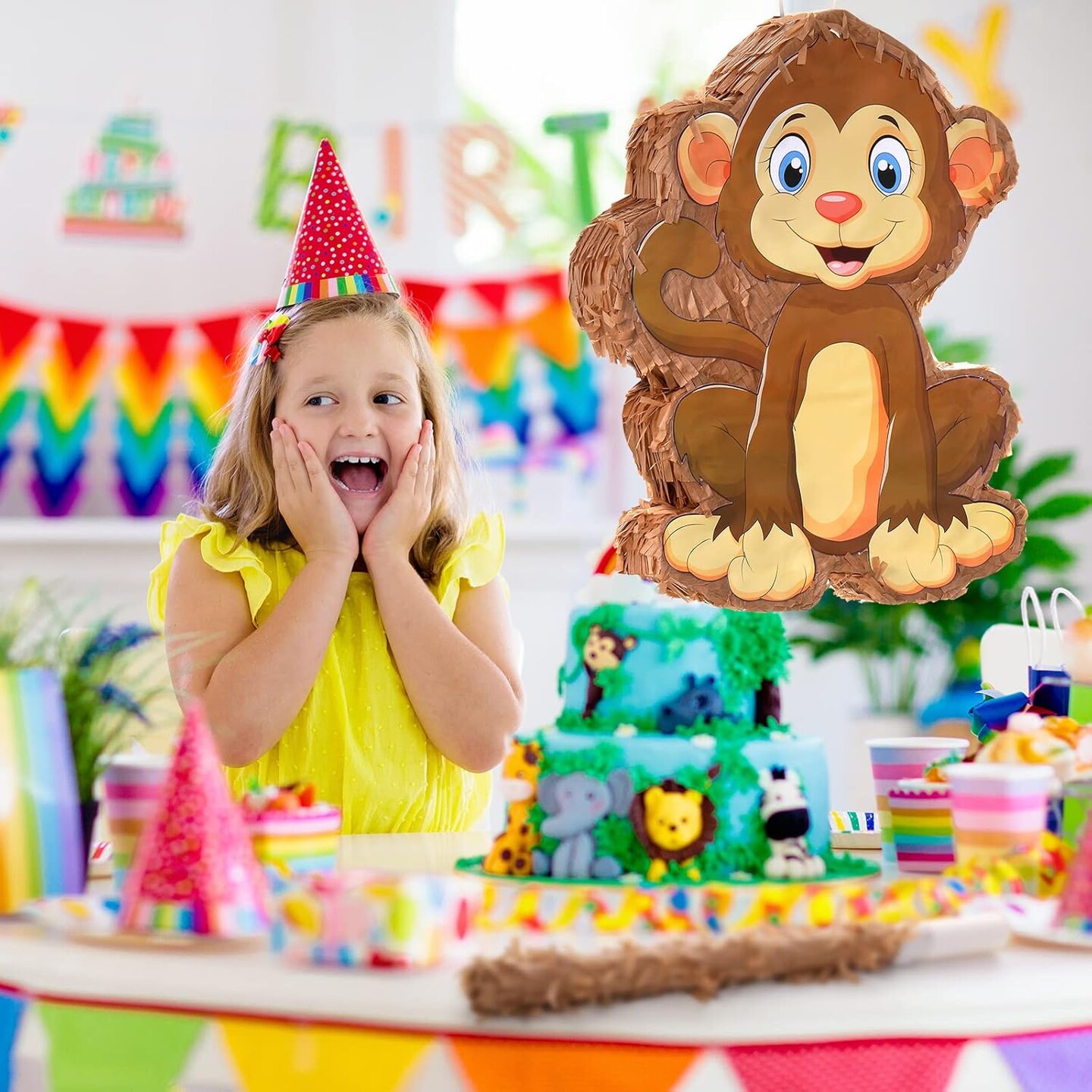 Piñata Bundle with a Blindfold and Bat (16 x 12 x 3 Inches), Cute Animal Piñata for Birthday Party Toys Decoration for Animal Theme Birthday Party Game Supplies Photo Prop(Monkey)