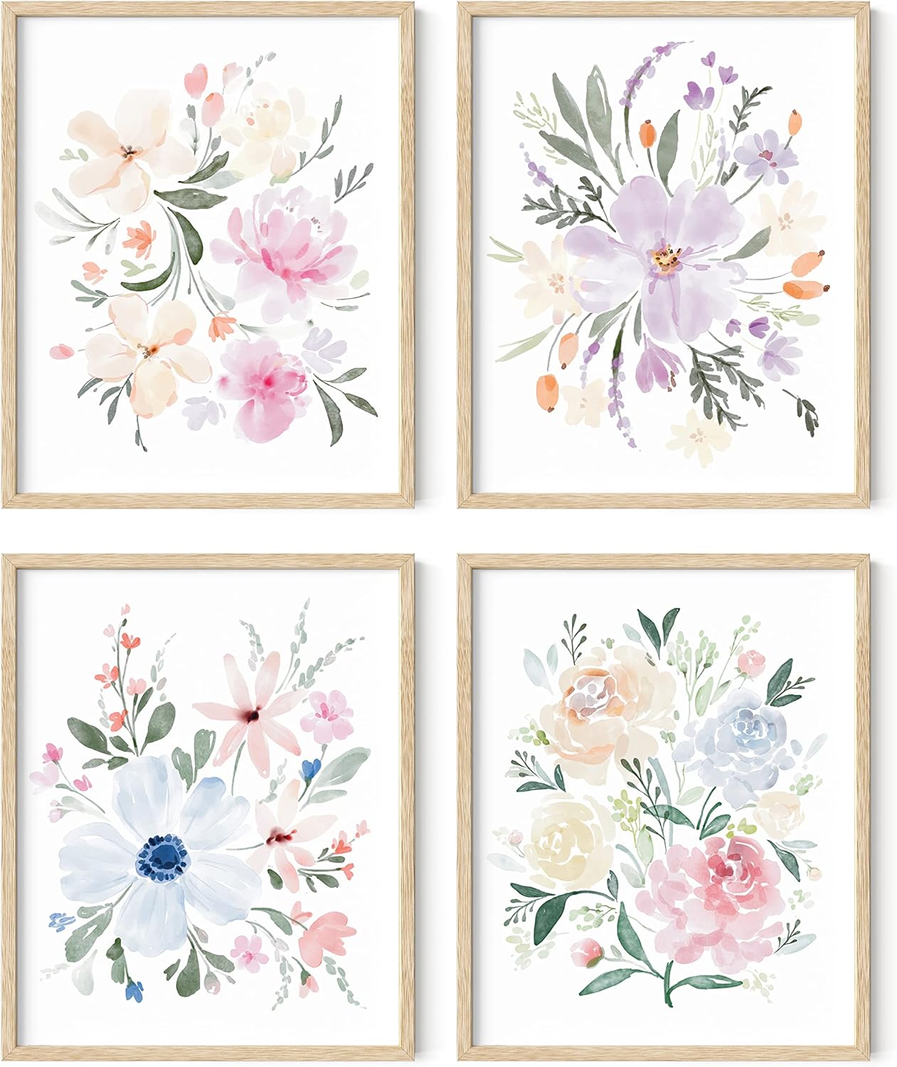 Summer Set of 4 Flower Posters, Wall Decor, Floral Prints, Wall Flower Pictures, Botanical Prints, (Unframed, 8x10)