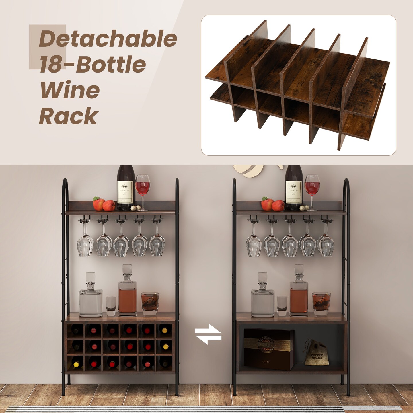 Rustic Brown Bakers Rack with Removable 18-Bottle Wine Rack and Stemware Holder