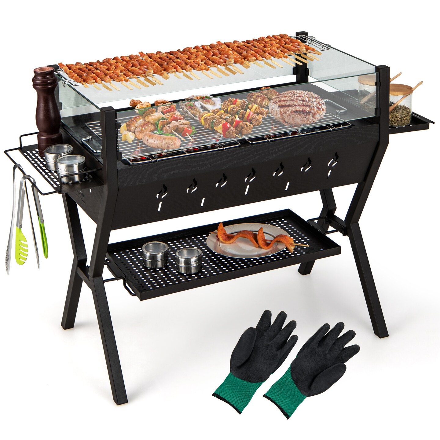 Outdoor Charcoal Grill &#x2013; BBQ, Stove &#x26; Fire Pit, Stainless Steel Grates, Wind Guard, Ample Grilling Space &#x26; Storage Racks