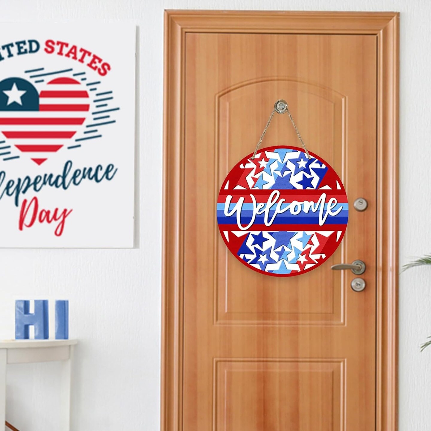 Welcome 4th of July Patriotic Sign for Front Door Decor, Blue Red Stars Stripes America USA Wood Door Hanger for Outdoor Outside Porch, American Wooden Wreath Indoor Wall Hanging Decoration