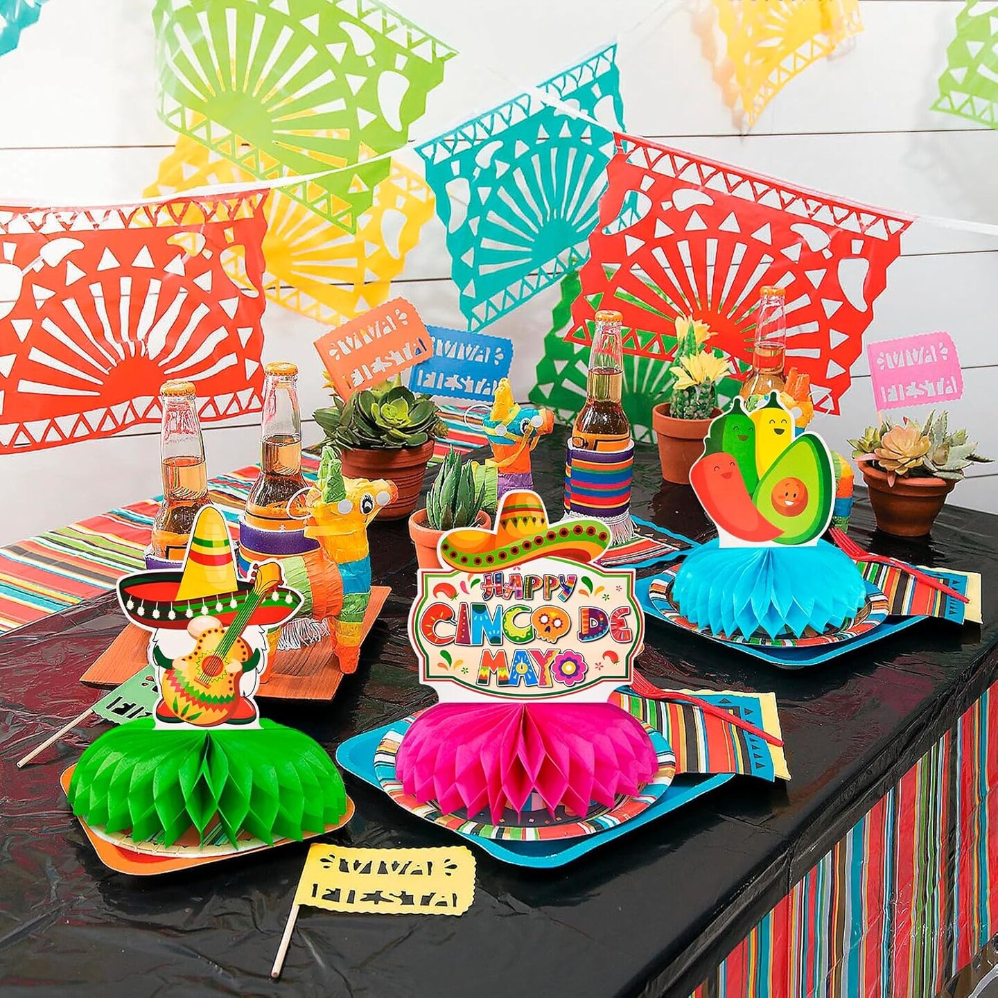 9 Pieces Cinco de Mayo Festival Honeycomb Centerpieces Table Decor, Mexican Fiesta Vibrant Cactus, Pi&#xF1;ata, Taco and Sombrero Pattern Table Topper Ornaments Signs, Holiday Party Decorations