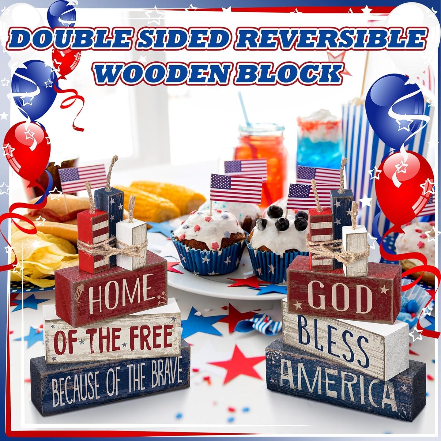 4 Pcs 4th of July Table Decorations Reversible Memorial Day Table Centerpiece Red White and Blue Patriotic Fireworks Block Sign with String for Independence Day Tiered Tray Decor(Firework)