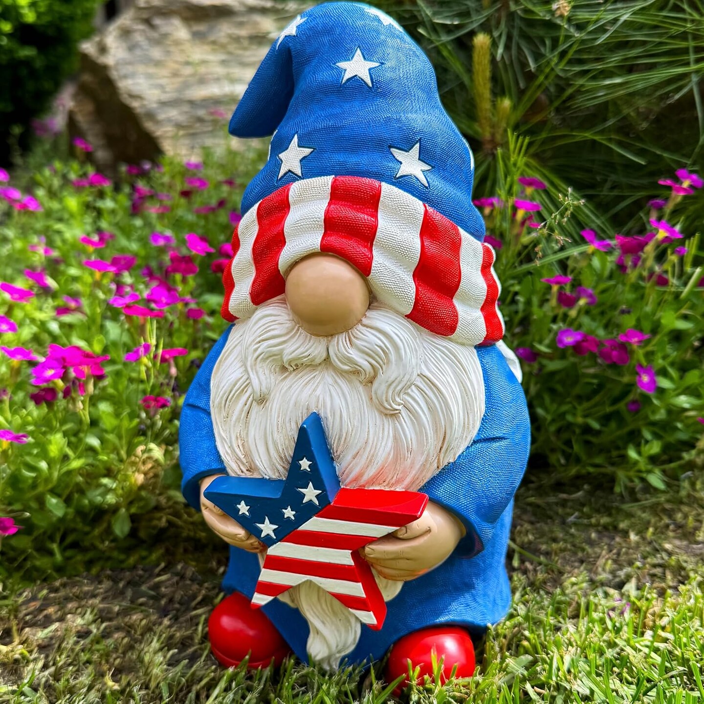 Garden Gnome - USA Patriotic Gnome Figurine - 9 Inch Tall Lawn Statue - for Outdoor or House Decor
