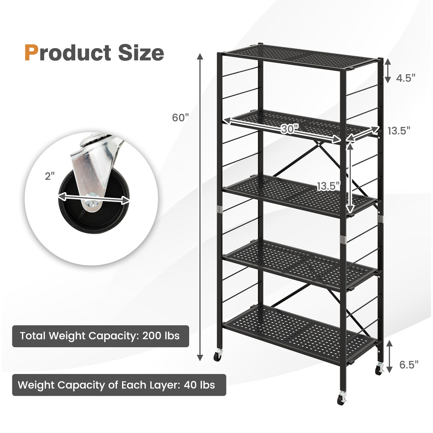 Black Metal Folding Storage Rack, Adjustable 5-Tier Shelf with Wheels