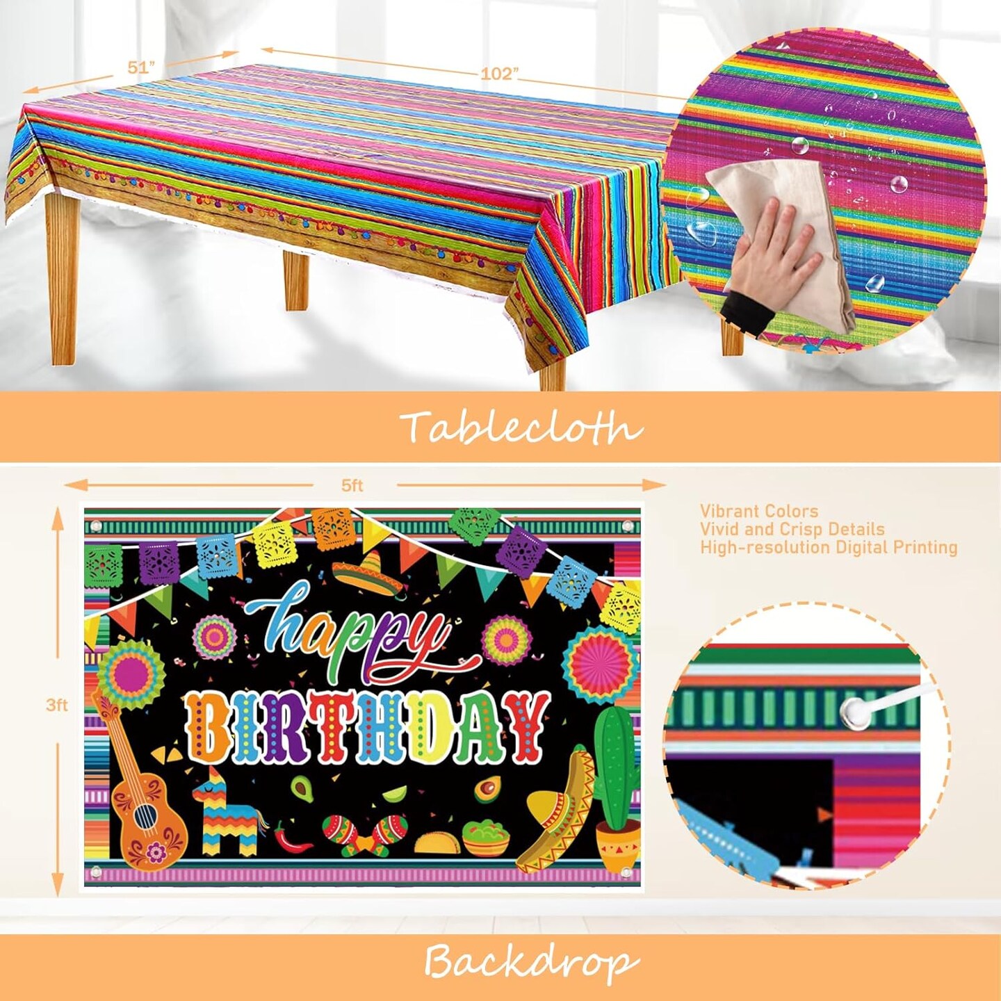 Mexican Birthday Party Decorations, Fiesta Birthday Party Decorations, Cinco De Mayo Supplies with 117 PCs Backdrop Papel Picado Banners Colorful Stripe Tablecloth