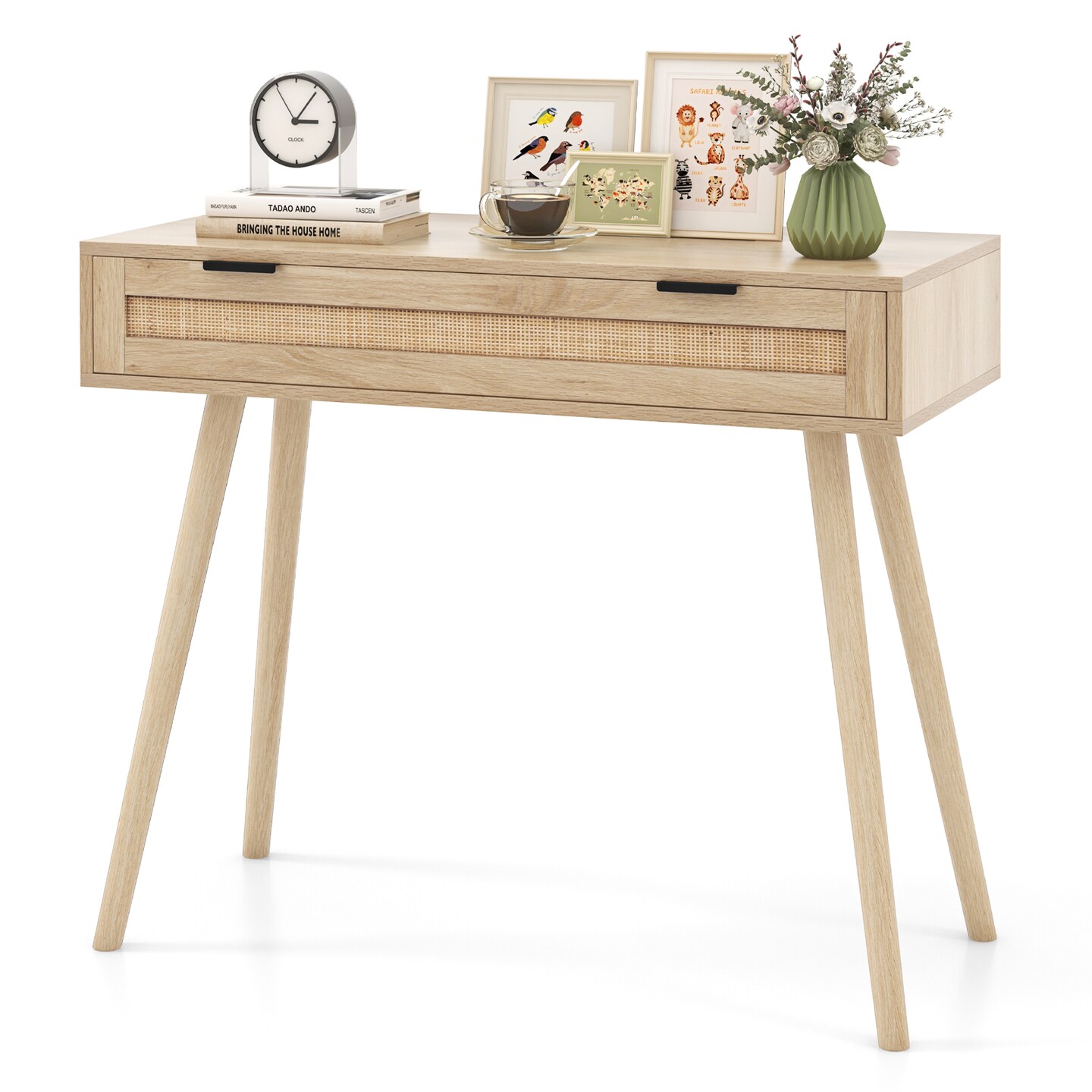 Boho Rattan Console Table with Drawer &#x2013; 35&#x22; Entryway Accent Table