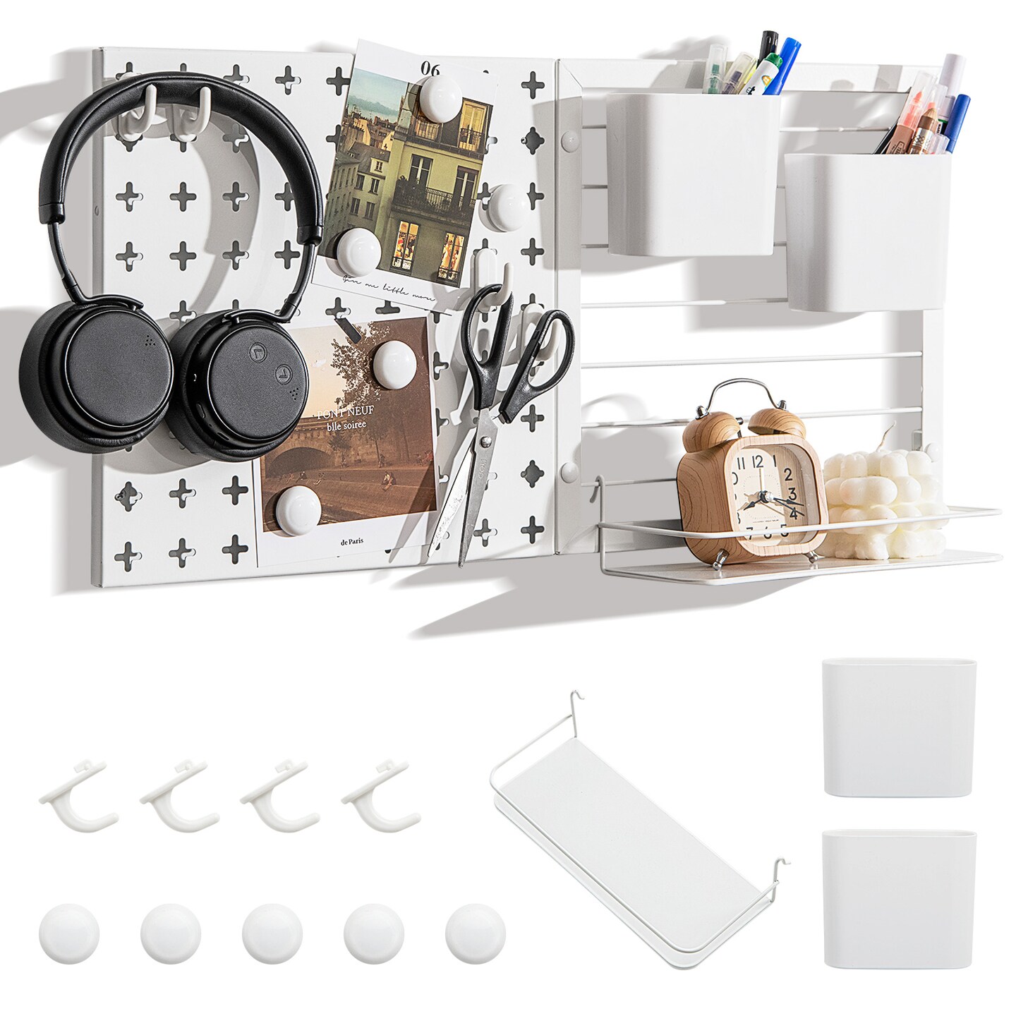 White Metal Wall Organizer 2 Pegboard Panels Combination Kit with Magnets and Hooks