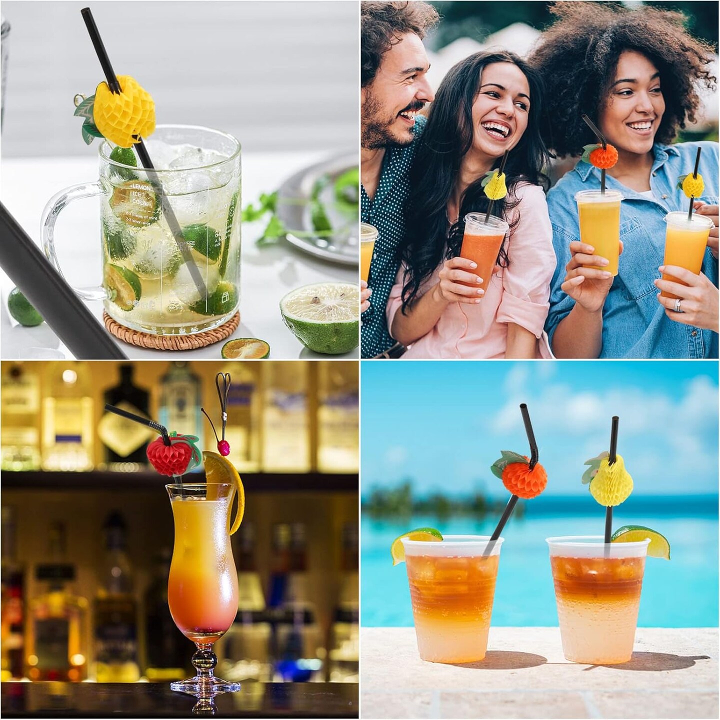 100pcs Fruit Drinking Straws, Disposable Honeycomb Plastic Straws, Tropical Hawaiian Beach Cocktail Pool Luau Party Decorations Supplies
