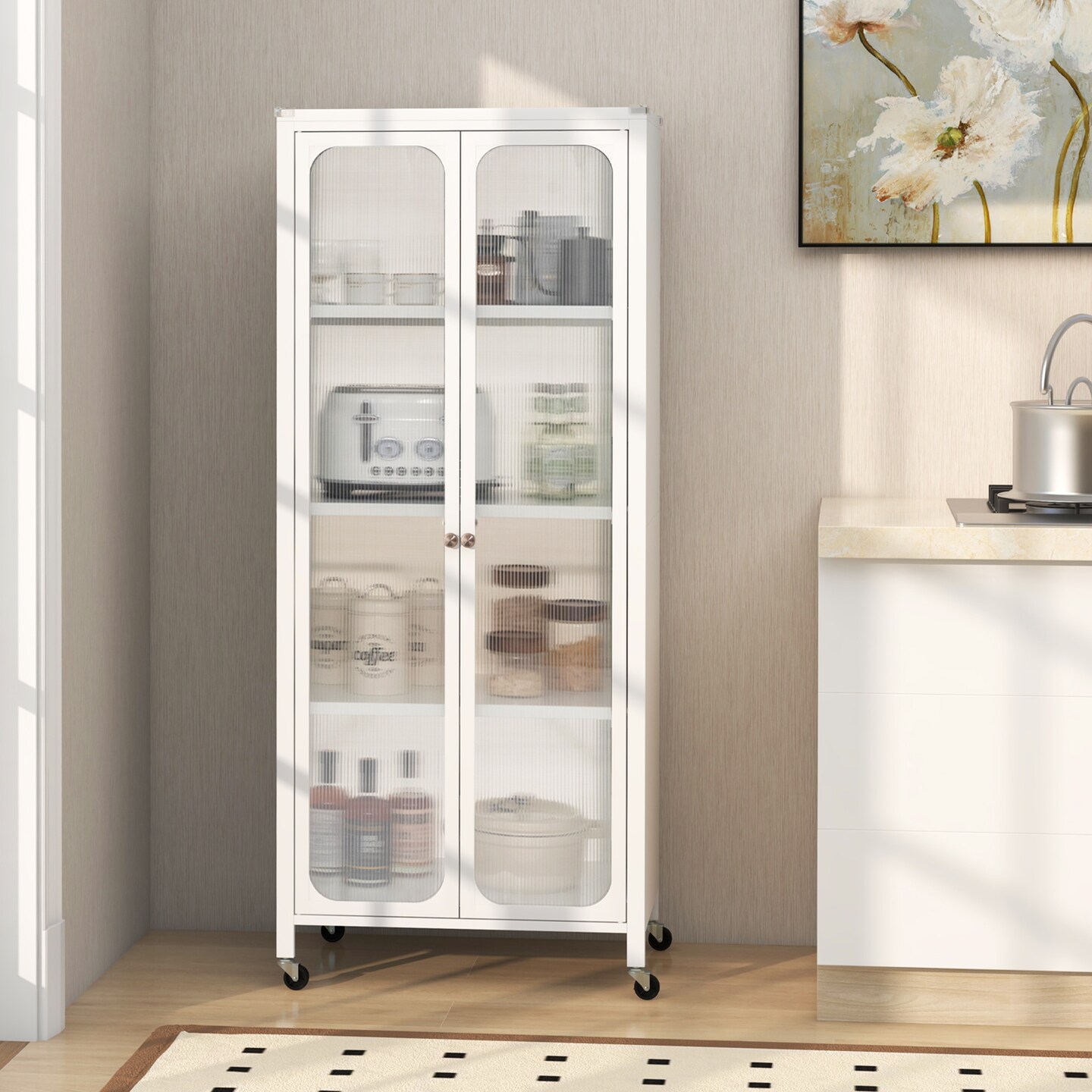 White Metal Storage Cabinet with Adjustable Shelves & Lockable Wheels