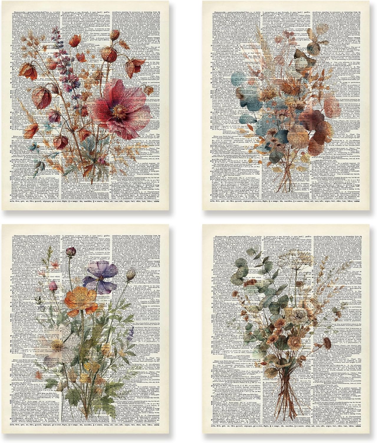Summer Retro Floral Wall Decor Set of 4, Vintage Wildflower Artwork Poster, Rustic Botanical Flowers Wall Decor for Living Room, Bedroom, Office, Farmhouse Decorations, 8&#x22;x10&#x22; (Unframed)