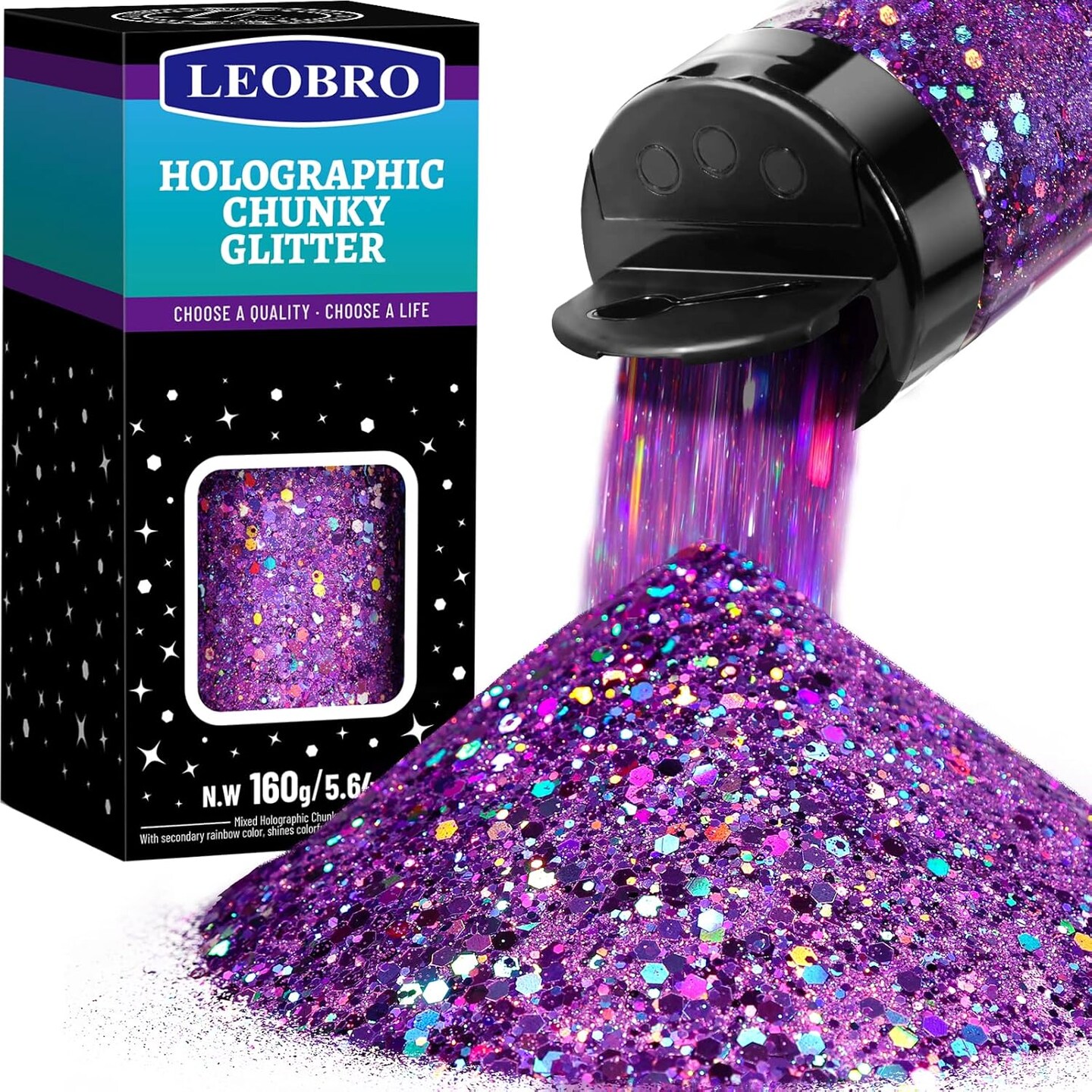 Purple Glitter, 160g/5.64oz Holographic Chunky Glitter for Crafts, Resin, Nail Body, Tumblers, Party Decorations