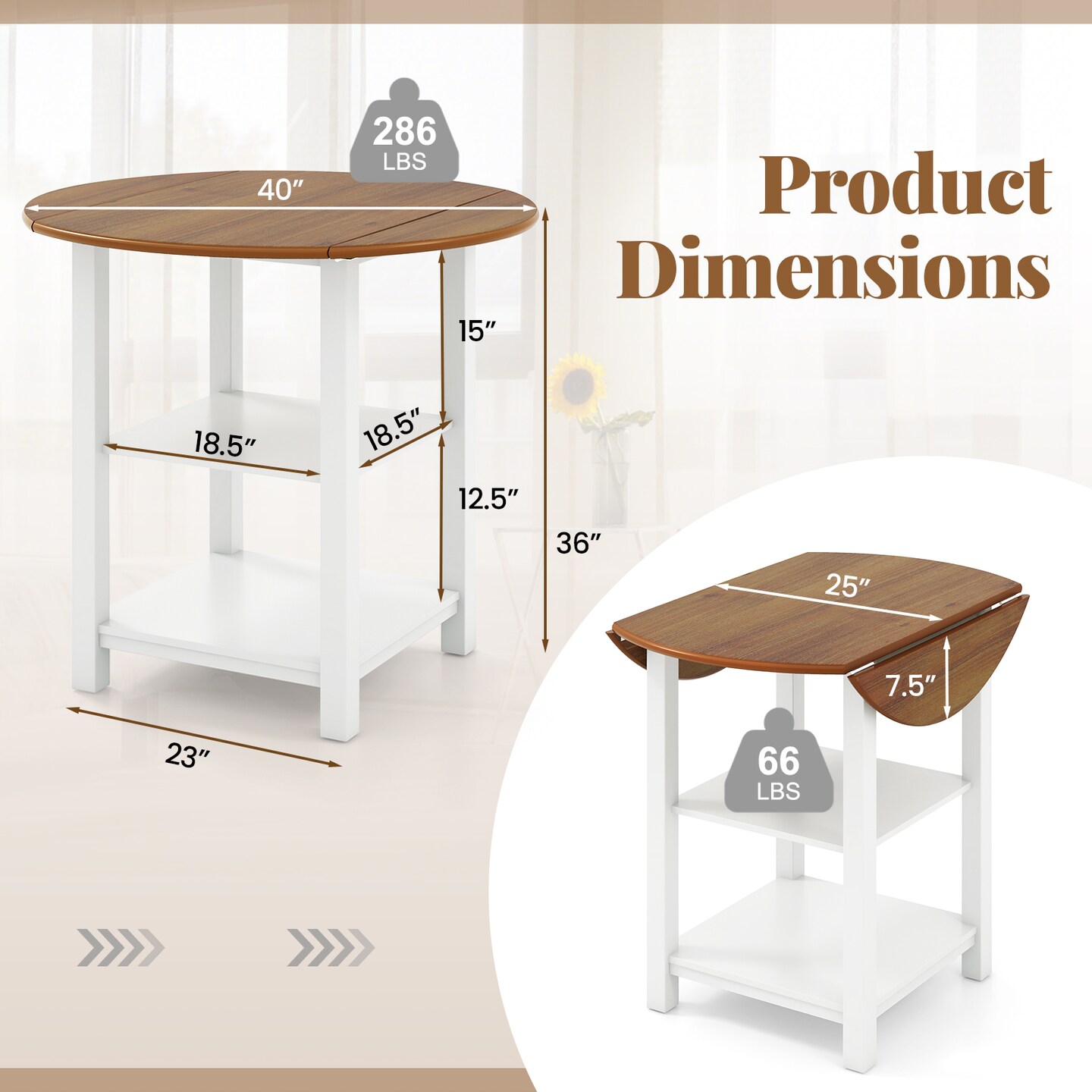 White Folding Dining Table with Storage and Rubber Wood