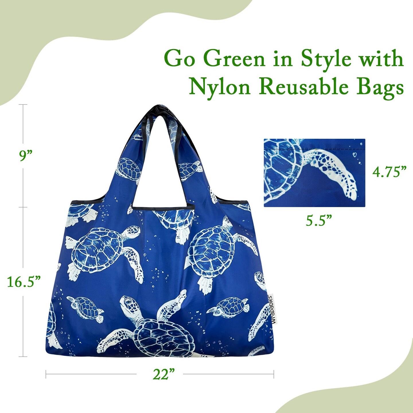 Wrapables Large Foldable Tote Nylon Reusable Grocery Bags, Marine Turtles
