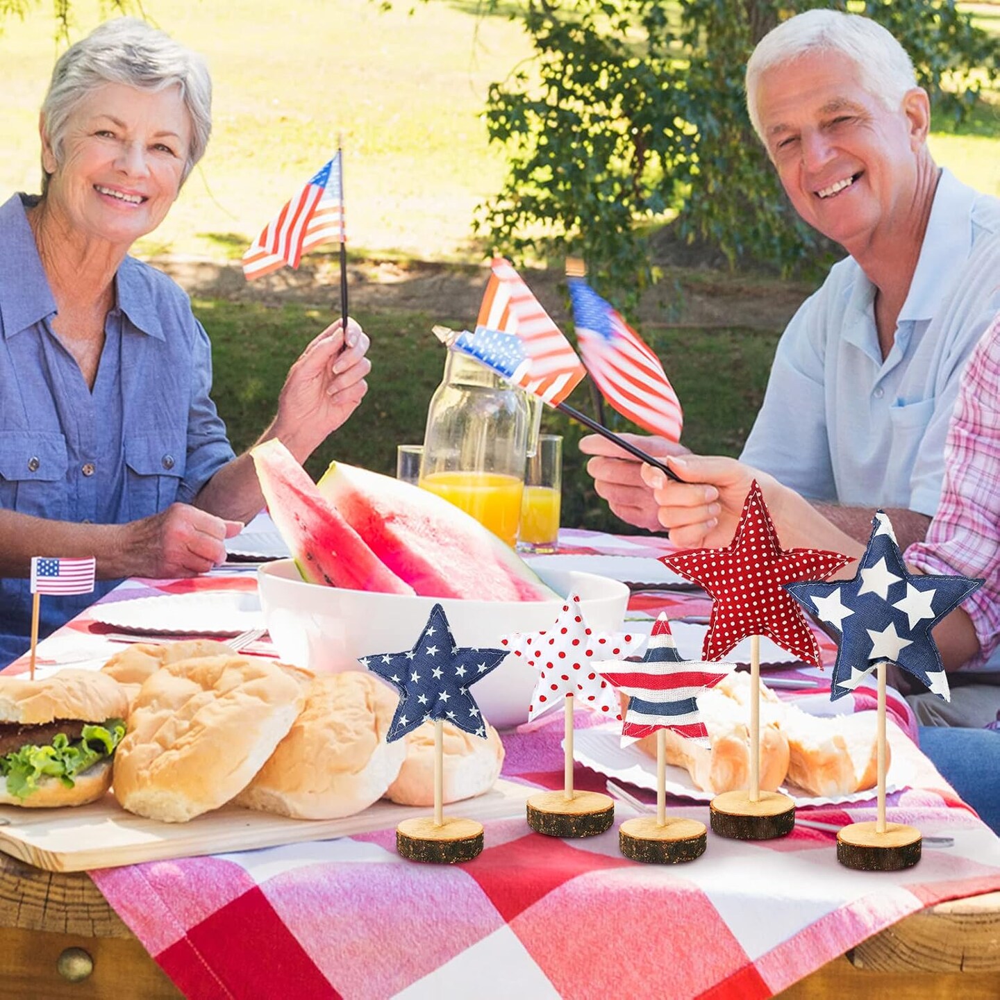 5 Pcs 4th of July Tabletop Centerpiece Standing 3D Star Decor Wood Patriotic Sign Block Fabric Ornaments Rustic Fourth of July Independence Day Crafts for American Festival Party Home Decoration