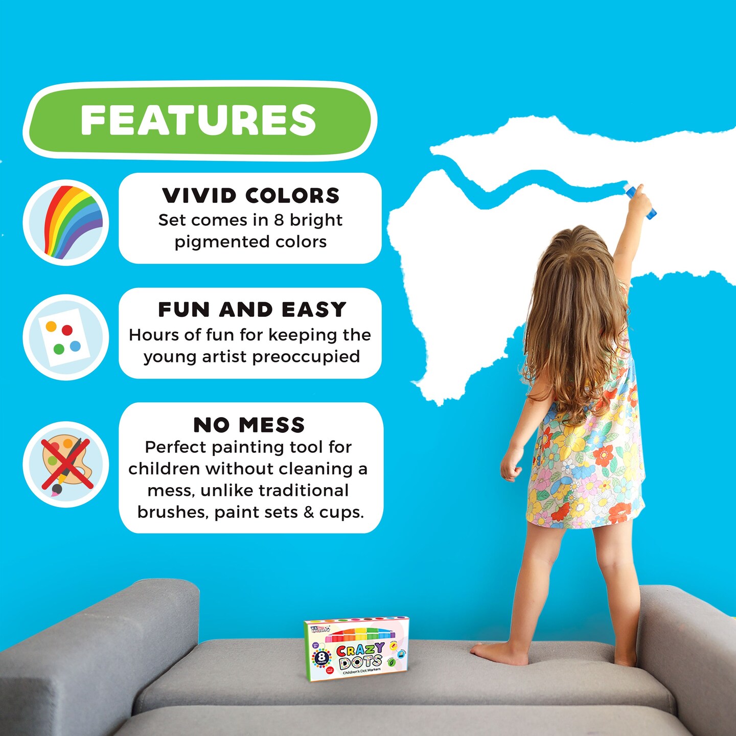 8 Color Crazy Dots Markers - Children&#x27;s Washable Easy Grip Non-Toxic Paint Marker Daubers