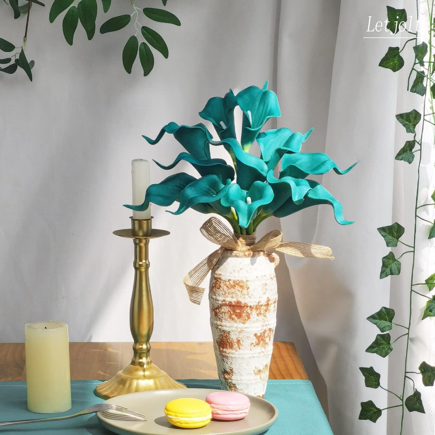 12Pcs Artificial Calla Lily Teal Flowers &#x2013; Faux Klein Blue Calla Lilies Summer Bouquets for Home Decoration