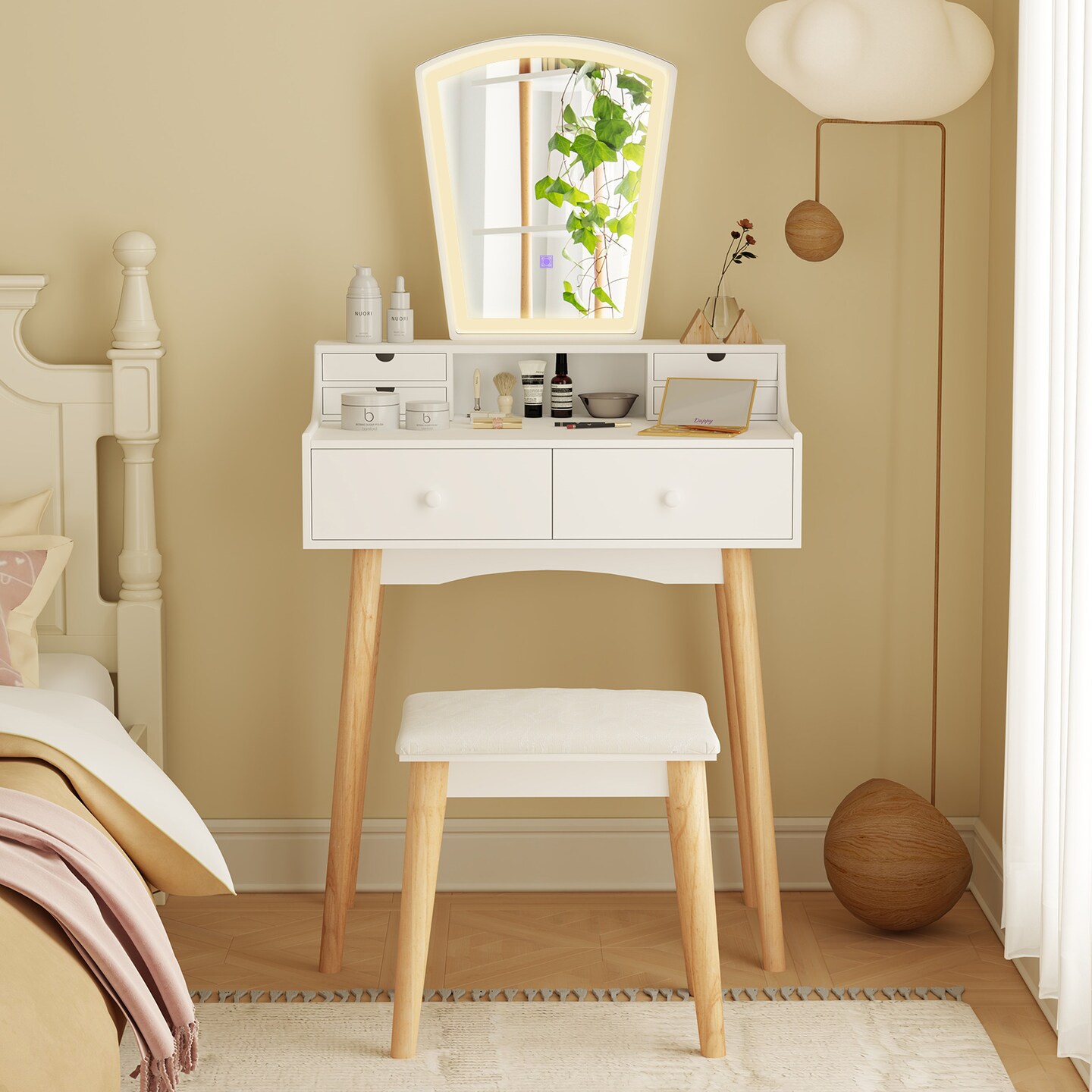 White Vanity Desk Set with 3-Color Adjustable LED Lighted Mirror and Storage Drawers