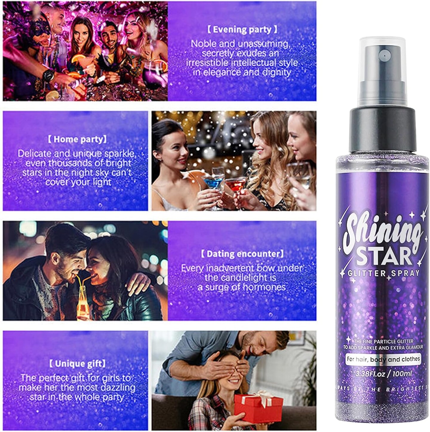 Body Glitter Spray,100ML(3.53OZ),Mardi Gras Outfit for Women,Mardi Gras Accessories,Glitter Hairspray,Sparkle Hair Spray,Glitter Spray for Hair/Body/Face/Clothes,Body Shimmer Spray for Skin