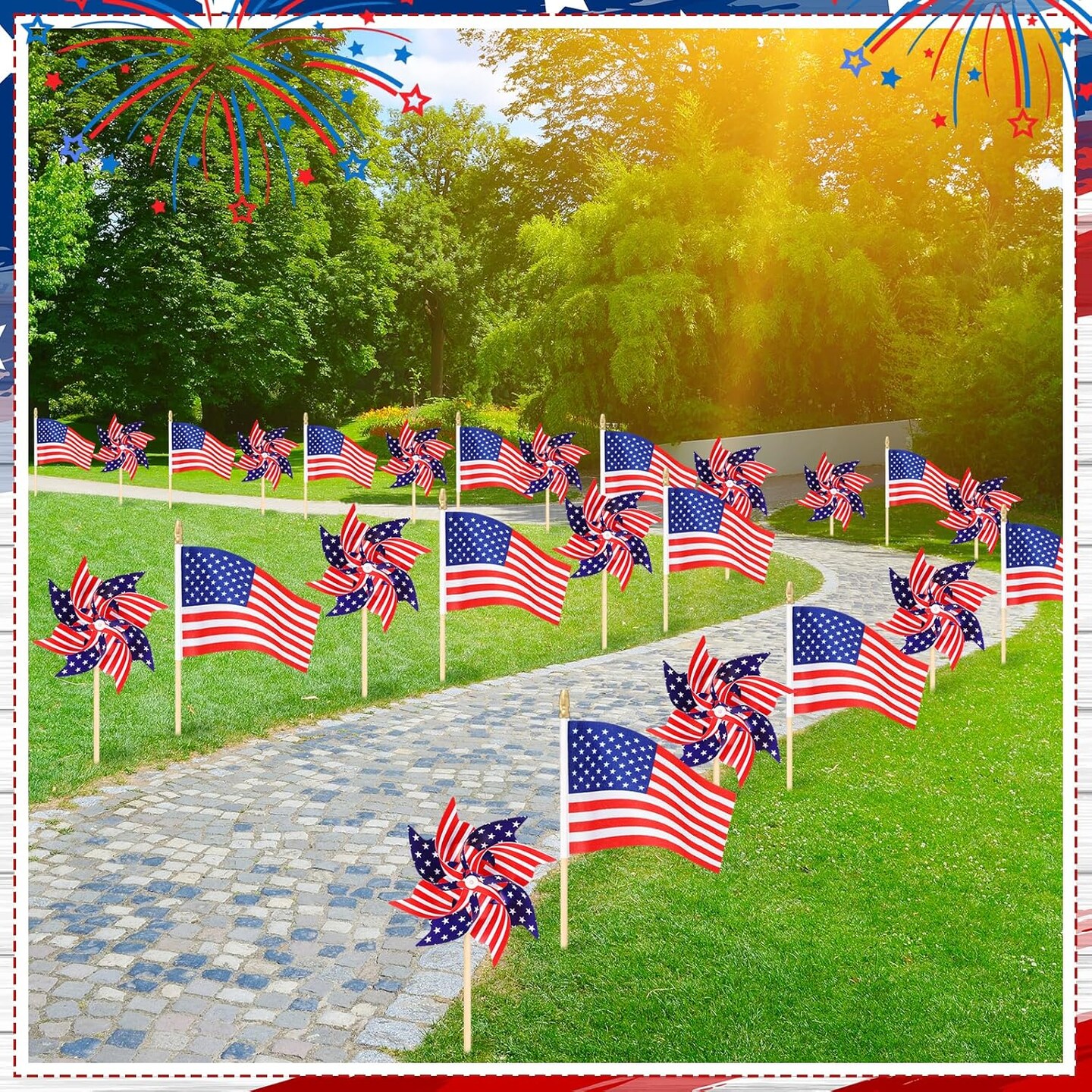 48 Pcs Outdoor 4th of July Decorations Patriotic America Flag and Pinwheel Decoration Memorial Day Wind Spinner with Stake Red White Blue Windmills Flag on Stick