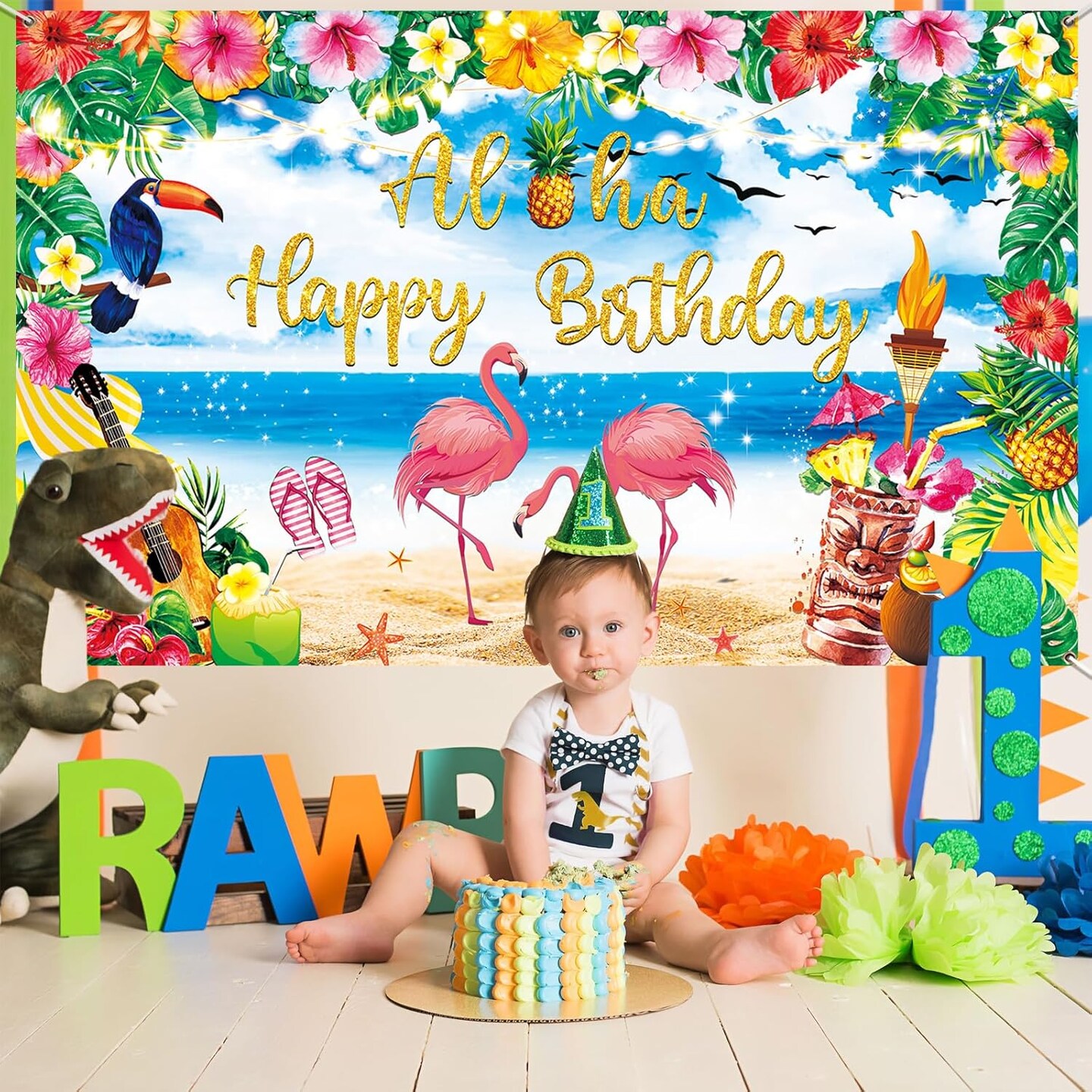 Birthday Party Decorations Supplies, Summer Hawaiian Birthday Backdrop for Tropical Flamingo Pool Beach Party Decoration