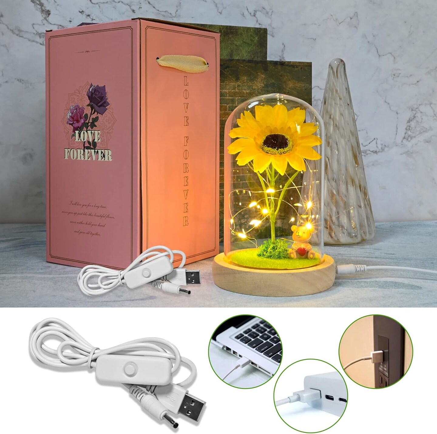 Mothers Day Sunflower Gifts for Women,Sun Flowers Home Decor,Forever Sunflower in Glass Dome,Unique Gifts for Xmas,Wedding,Mothers Day,Anniversary