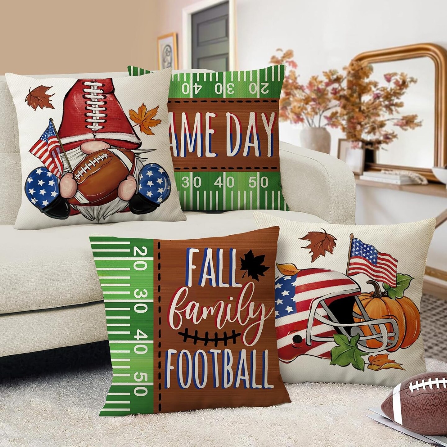 Fall Family Football Decorative Throw Pillow Covers 18 x 18 Set of 4, Autumn Game Day Gnome Helmet Porch Patio Outdoor Pillowcase