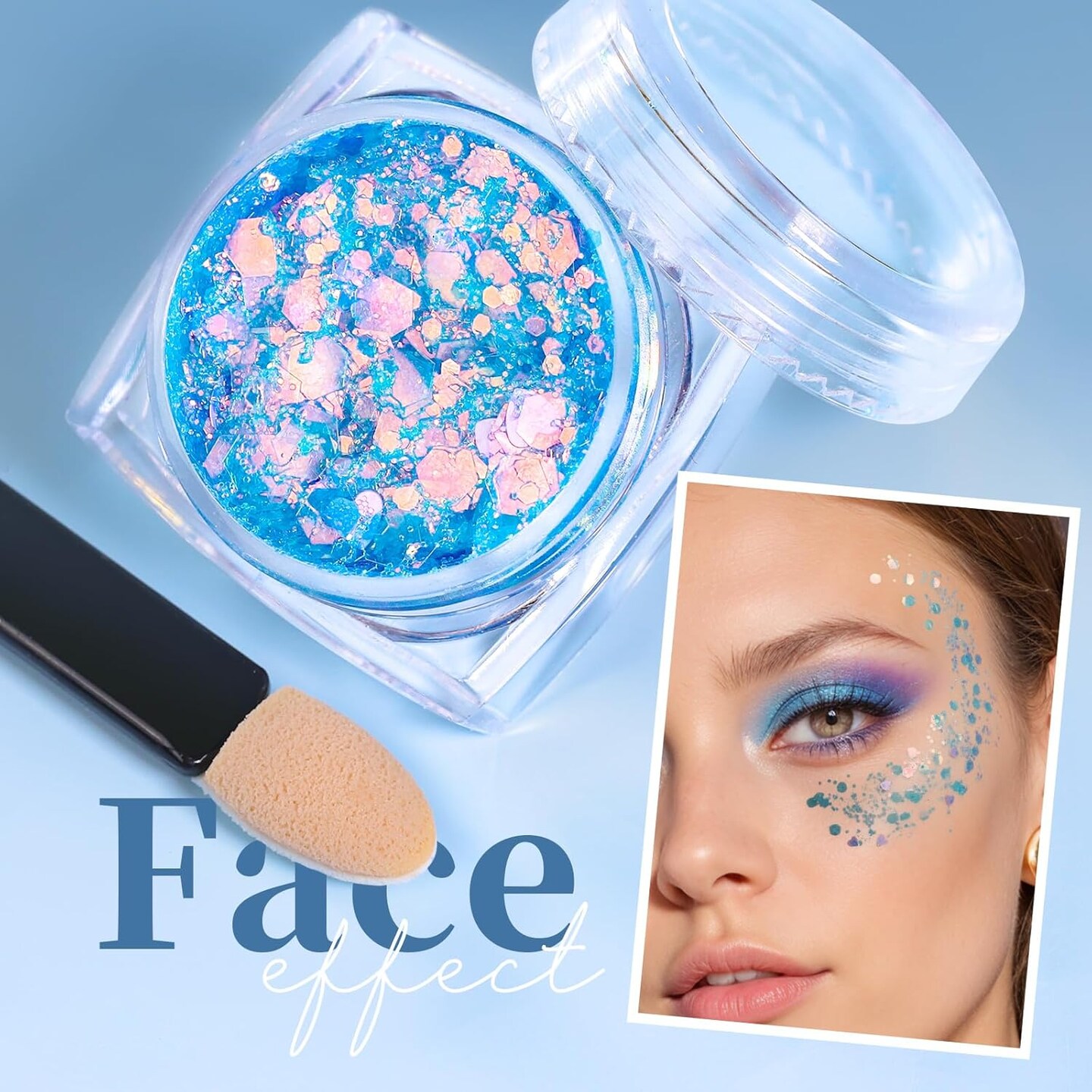 Face &#x26; Body Glitter - Blue, Hair Glitter Gel, 6 Shapes Festival Makeup Glitter for Face, Hair &#x26; Body
