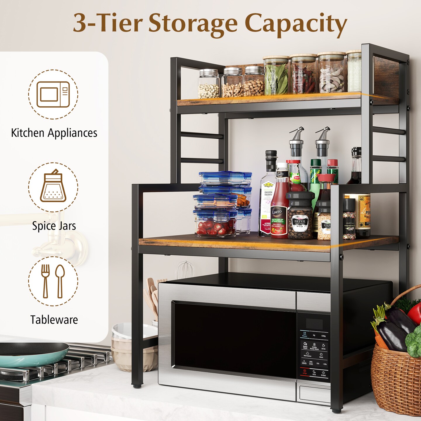 Rustic Brown 3-Tier Microwave Stand with 2 Open Storage Shelves and Black Metal Frame