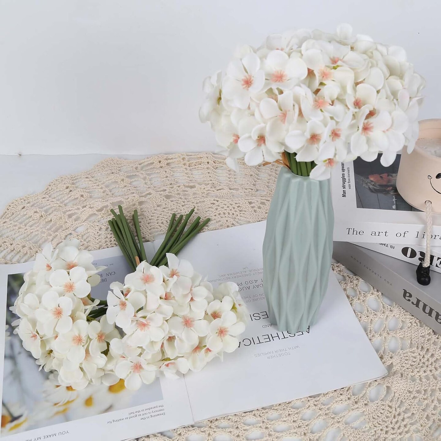 Summer Floral Arrangement &#x2013; Faux Hydrangea Artificial Bouquets, 14 Stems Fake Small Silk Flowers for Vase, Wedding and Baby Shower Centerpieces