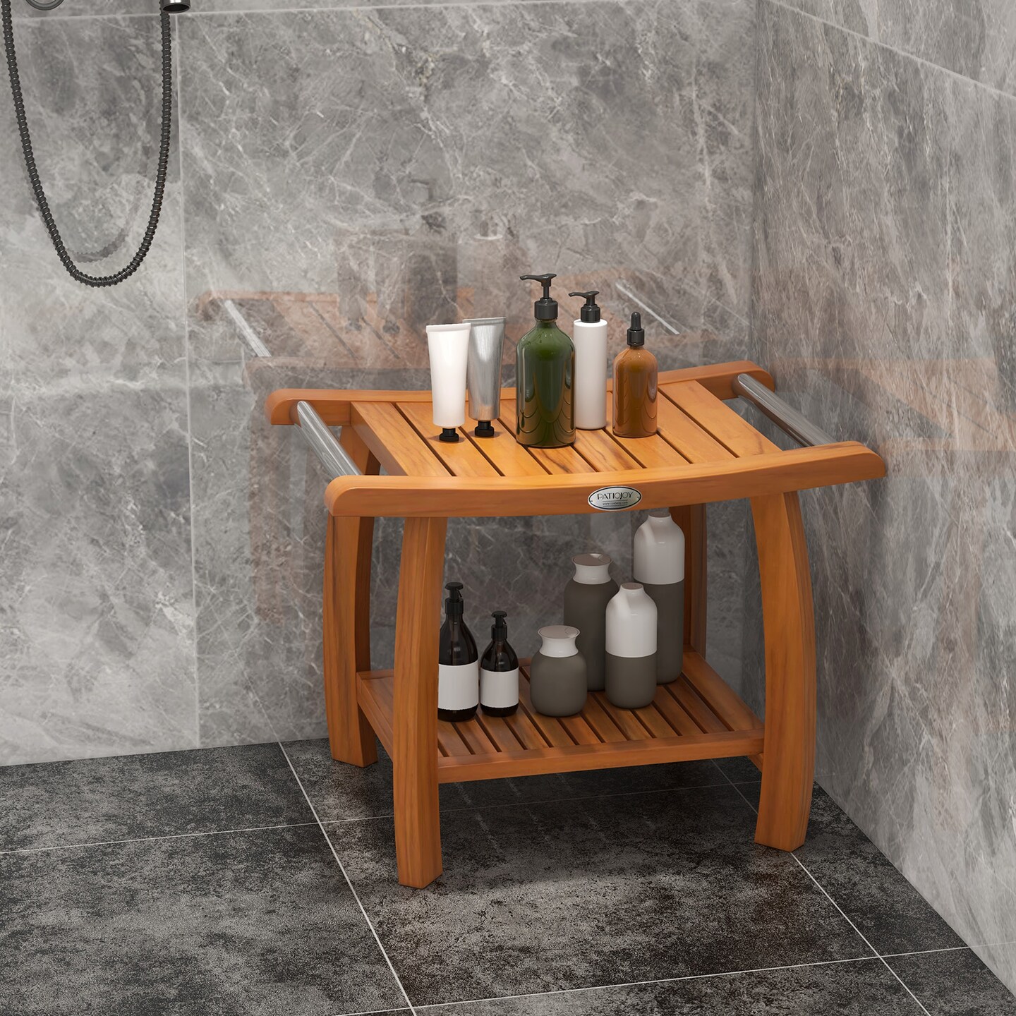 2-Tier Teak Wood Shower Bench Stool with Curved Seat and Handles Ideal Use as Plant Stand or Side Table