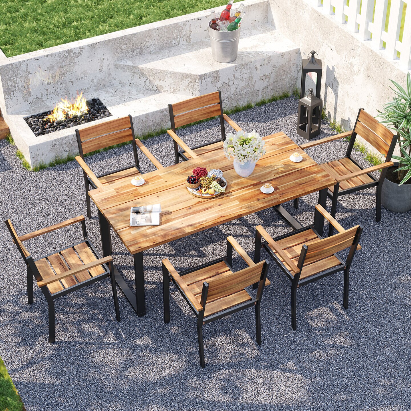 Acacia Wood 7-Piece Patio Dining Set, Metal Frame and Umbrella Hole