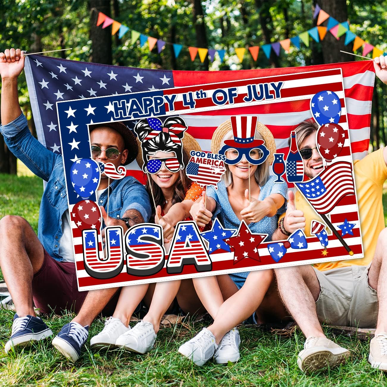 26-Piece 4th of July Photo Booth Props & Frame Set - Patriotic Independence Day Party Decorations - Red, White, & Blue Selfie Props for Memorial Day, Veterans Day, and Military Homecoming Celebrations