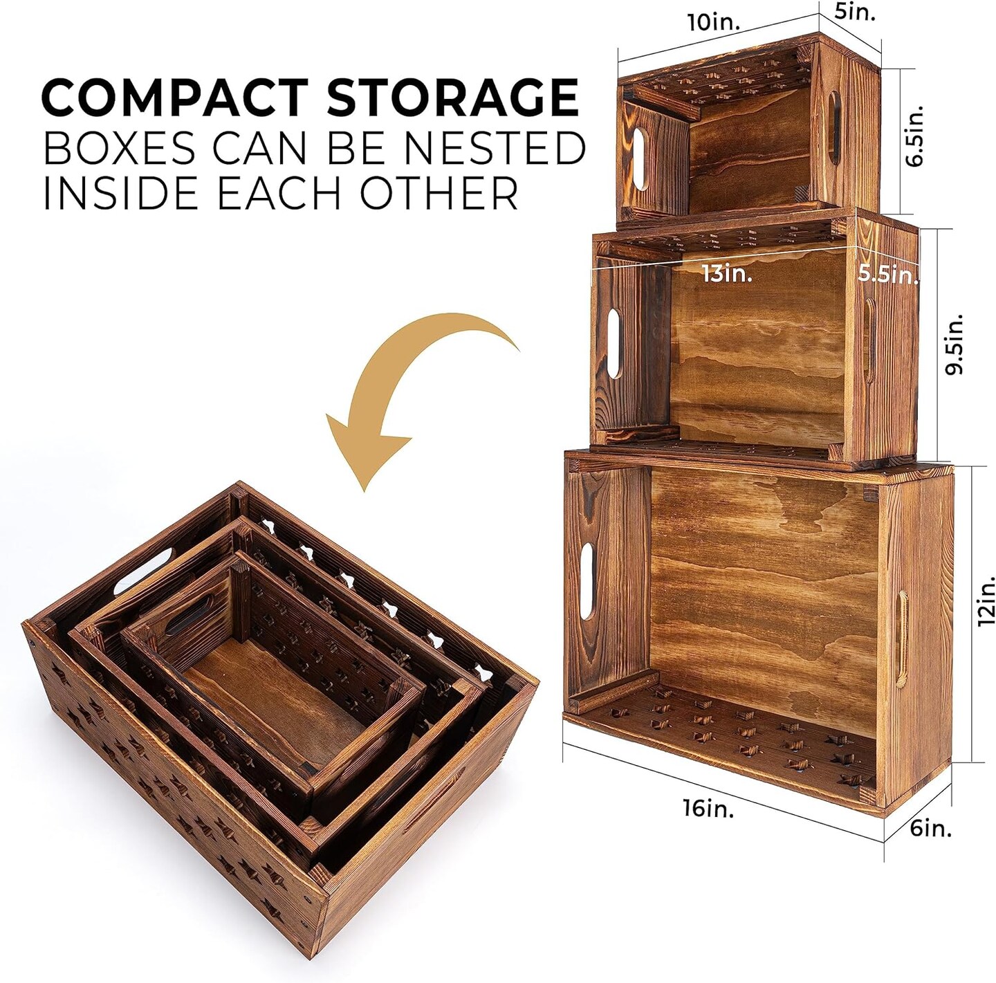 Set of 3 Decorative Nesting Wooden Crates with Handles