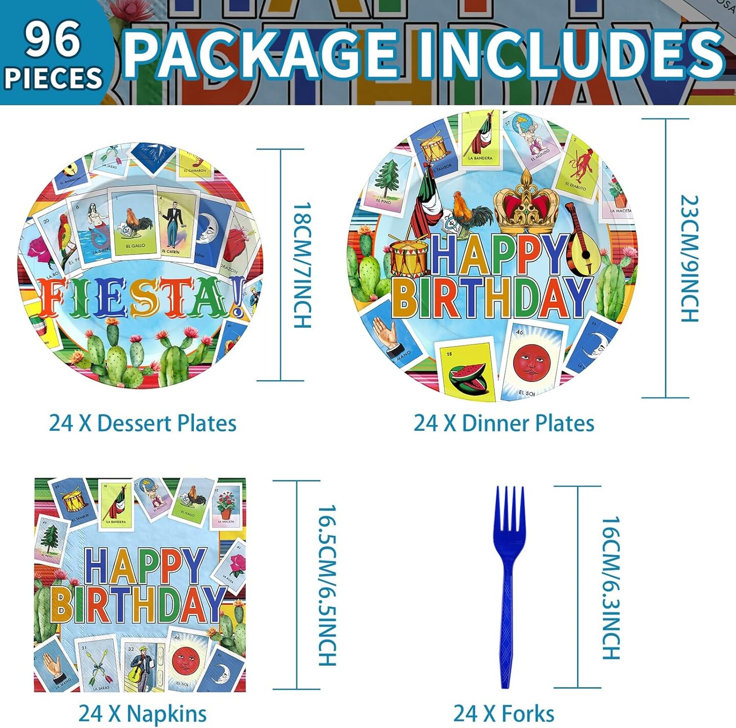 96Pcs Mexican Party Decorations Mexican Card Party Plates Disposable 350GSM Mexican Fiesta Party Tableware Set for Fiesta Birthday Party Carnival Cinco De Mayo Taco Party Decorations, Serves 24
