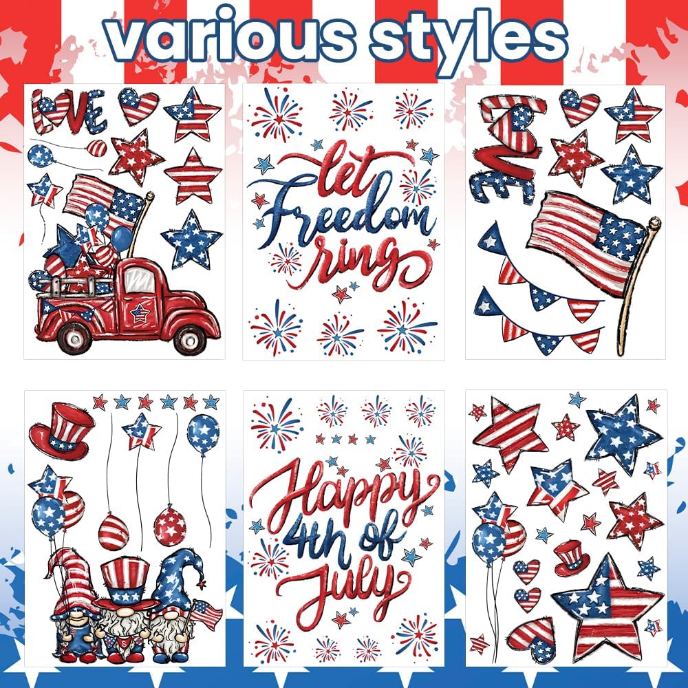 6 Sheets Patriotic Window Clings Happy 4th of July Window Stickers Gnome Truck Stars Firework USA Window Decals Independence Day Window Decor for Home School Office Party Glass Supplies